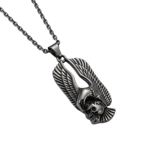 Image of YUGNA Stainless Steel Winged Skull Pendant Necklace Gothic Inspired Charm Jewelry with 18 Inch Cable Chain Black Silver Tone Statement Design 45x20mm.|YUG_CSN_0211