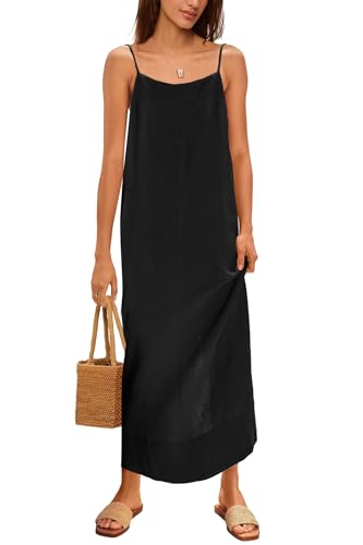 ReachMe Womens Linen Maxi Dress Summer Spaghetti Strap Long Dresses Square Neck Sleeveless Backless Dress with Slit3