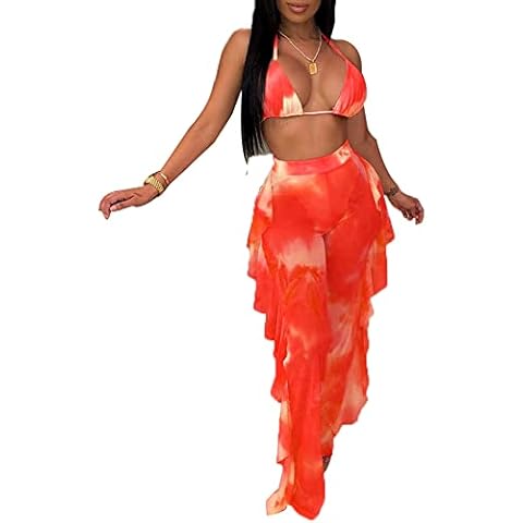 Women See Through Sheer Mesh Bandage Two Piece Bikini Cover Up Beach Swimsuit Jumpsuit Two Piece Outfits Clubwear (A-Red, X-Large) Cover