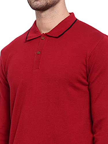 Image of Kalt Mens Basic Solid Full Sleeves Polo Cotton Blend Knitted Regular Fit Polo-Neck T-Shirts with Collar Stylish