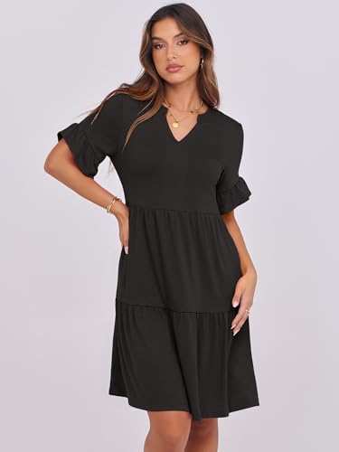 Image of ANRABESS Women's Summer Casual Dress, V-Neck Ruffle Sleeve Tiered Mini Dress, Soft Comfy Fabric with Pockets for All-Day Wear