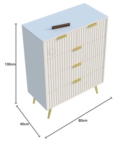 Image of Wooden Chest of Drawers | 5 Drawers Dresser Console Cabinet for Bedroom, Living Room, Drawing Room & Office | Sideboard Multipurpose Storage | HDMR Premium Wood & Iron (White & Golden)