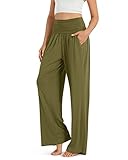 ODODOS Women's Wide Leg Palazzo Lounge Pants with Pockets Light Weight Loose Comfy Casual Pajama Pants-28 inseam, Army, Large