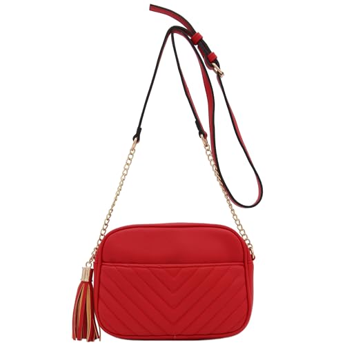 Image of FashionPuzzle Chevron Quilted Crossbody Camera Bag with Chain Strap and Tassel