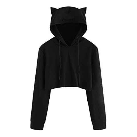 DEELIN Womens Ladies Cat Ear Long Sleeve Cute Hoodie Sweatshirt Hooded Pullover Tops Solid Casual T-Shirt Blouse Black Cover