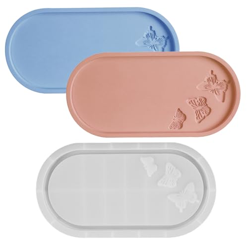 Japleed Molde de resina tallado con mariposa, bandeja ovalada grande, moldes de silicona, molde de almacenamiento de hormigón de resina para joyas, baratijas, maquillaje, portavelas, jabonera