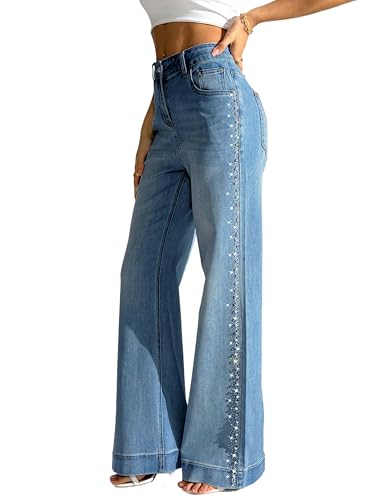 Women's Pearl Rhinestone Jeans Wide Leg Baggy Denim Pants High