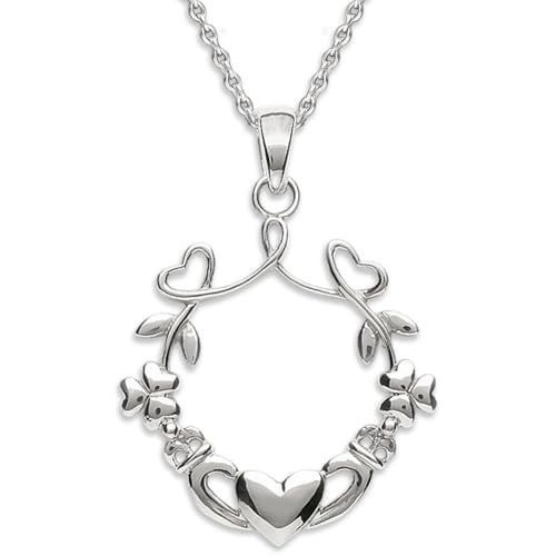 Irish Claddagh Necklace Sterling Silver 925 - Dainty Leaf Clover Wreath Pendant with Chain 20