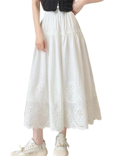 Pulcykp Women Embroidery Eyelet Hollow Out Vacation Skirts Cotton Blend Semi Sheer Flowy Boho Summer Skirt2