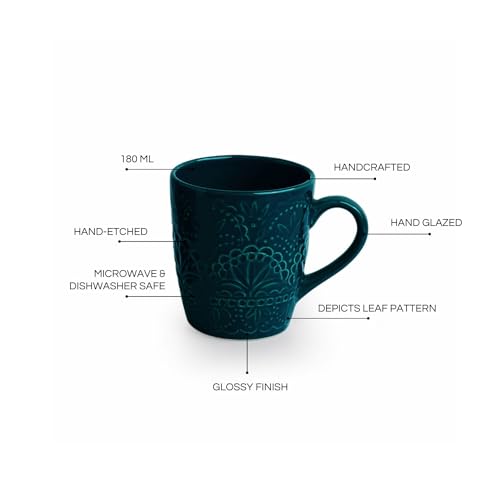 Image of ExclusiveLane 'Teal Forest' Ceramic Coffee Mugs Set of 4 (Set of 4, Each Mug : 180 ml, Microwave & Dishwasher Safe, Hand-Glazed) | Ceramic Mugs for Coffee Cup Tea Mug & Cup Mugs for Milk