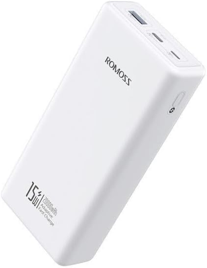 Angled view of the Romoss PRC Series 20000mAh 15W Power Bank, highlighting ports