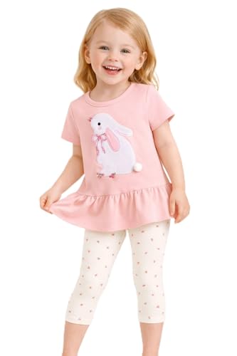 HILEELANG Toddler Little Girls Pink Bunny Graphic Outfit Set Cotton Top and Stretch Capri Pants Spring Summer Clothing Set Sizes 4T