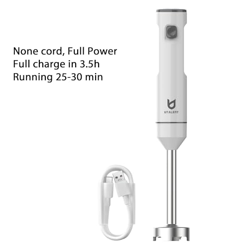 Cordless Hand Blender, UTALENT Variable Speed Immersion Blender handheld Rechargeable, with USB-C Charging Cable, Egg Whisk, for Smoothies, Milkshakes, Hummus and Soups – White image 3