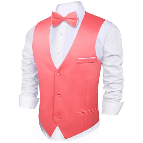 Image of Barry.Wang Mens Suit Vest Bow Tie Set 4PCS Formal V-neck Slim Fit Casual Solid Color Waistcoat Wedding Party Tuxedo