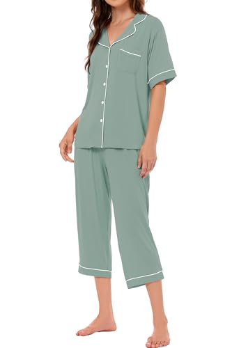 Image of LUBOT Womens Bamboo Viscose Pajamas for Women PJ Set 2 Piece Cooling Soft Short Sleeve Capri Pants Summer Sleepwear Set S-XXL