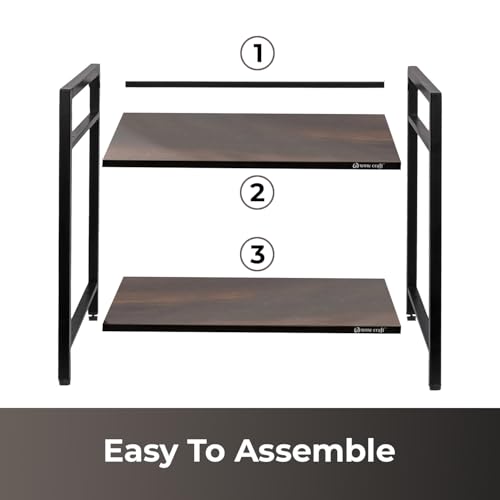 Image of wow craft 2-Layer Multipurpose Microwave Oven Stand & OTG Rack | Floor-Mount Kitchen Storage Shelf with Black Pipe Design | Engineered Wood & Metal Construction | Brown