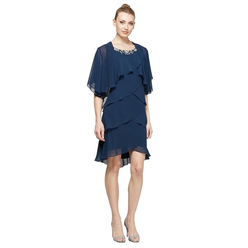S.L. Fashions Women's Chiffon Tier Jacket Dress with Bead Neck