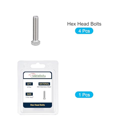 Image of METALLIXITY Hex Head Bolts (7 /16-14 x 2 inch) 4Pcs, 304 Stainless Steel 18-8, Fully Threaded, External Hex Drive, Plain Finish, Hex Head Screw Bolt, Silver