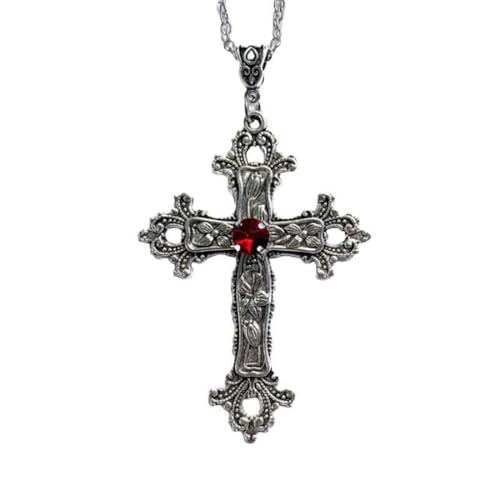 Caiguoer Colar gótico prateado vintage com cruz grande gravado de flores, colar cruz de Halloween, acessórios para mulheres e homens, Metal