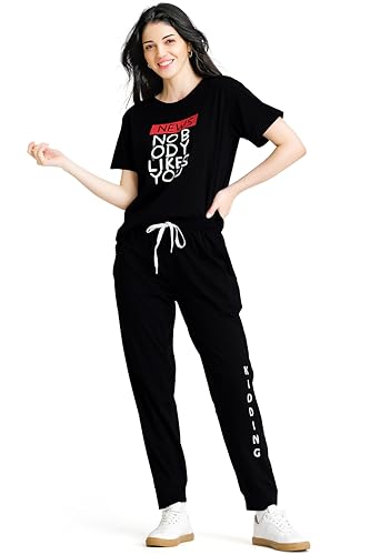 Image of ZEYO Night Suit for Womens Typography Printed Cotton Night Dress of Top and Joggers