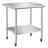 PIUMACU Edelstahltisch mit Rollen, 76,2 x 76,2 cm, kommerzieller Edelstahl-Vorbereitungstisch, NSF-Edelstahl-Metalltisch für Zuhause, Küche, Restaurant, Outdoor