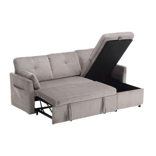 vutizal Sofá esquinero en forma de L, modular, con función de sueño, espacio de almacenamiento, sofá de pana con otomana, superficie de descanso extensible, compartimento para salón, gris claro
