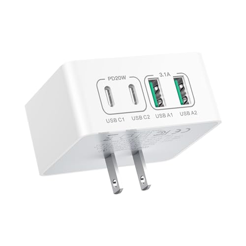 USB C Charger Block, 40W 4-Port Fast Charging Wall Plug Dual USB C Cube + QC Power Adapter Flat Type C Multiport for iPhone 15 Pro Max 14 13 12 11 SE Pad Watch AirPods Samsung Android Phones