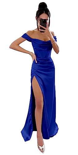 HPPEE Schulterfreies Abschlusskleid für Damen, lang, ärmellos, Korsett, Meerjungfrau, Satin, Hochzeitsgäste, mit Schlitz, Königsblau, 32