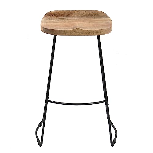 Butaco artesanal TIVA de 30 pulgadas, asiento de madera de mango marrón natural y base metálica negra, estilo industrial, con reposapiés miniatura 4