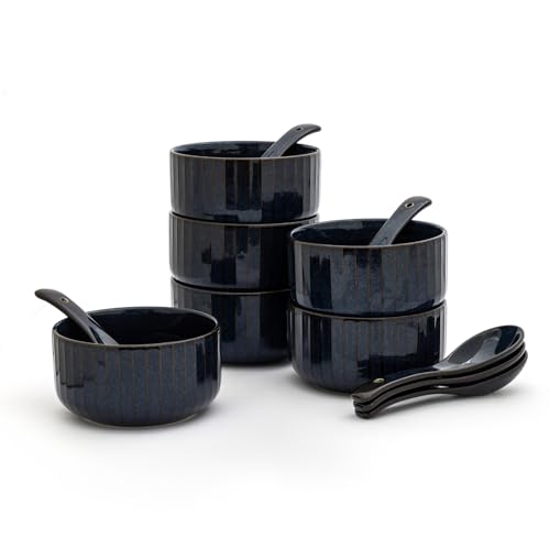 Image of Clay Craft Fine Ceramic 12-Piece Soup Bowl Set | 6 Soup Bowls with 6 Spoons | Striped Glossy Design | 350 Ml Capacity | Microwave & Dishwasher Safe | Ideal for Soup, Snacks & Noodles | Midnight Blue