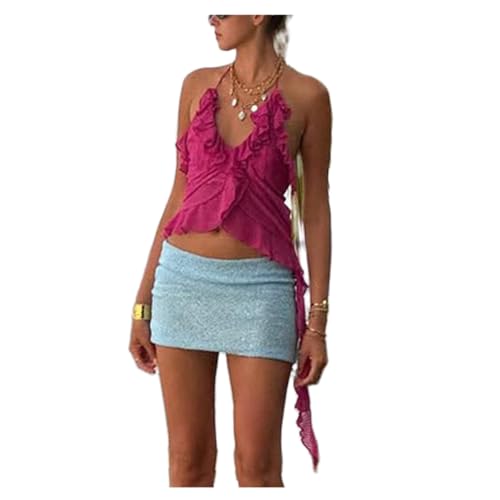 Women Crop Halter Cami Top Irregular Ruffle Edge Deep V Neck Halter Cami Top Sexy Solid Color Backless Tank Shirt