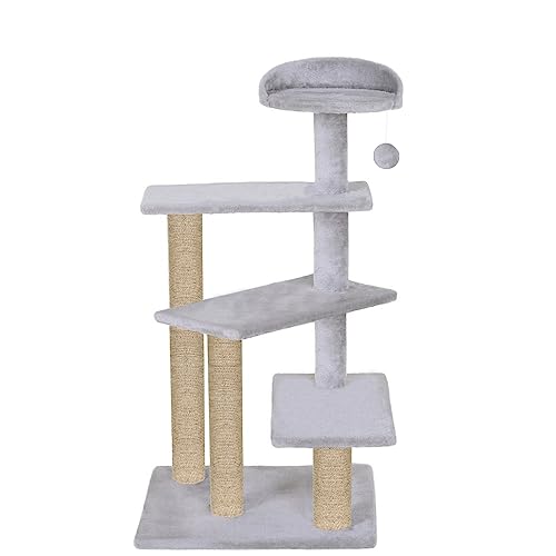 Image of Cat Tree Tower, Multi-Level, Grey, Sisal Scratching Posts, 36 Inch Height, with Perch and Hanging Toy (FURR-40) (Grey)