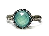 Salish Sea Inspirations 10mm Aqua Chalcedony Ring Symmetrical Flower Crown Vintage Silver (Rose Cut)