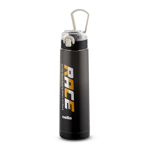 Image of CELLO Puro Steel-X Race Insulated Water Bottle for Daily Use 900 ml Black | Stylish Colorful Easy Press Open Leak Proof Inner Steel Insulated Water Bottle for School, College, Travel, Biking & Office