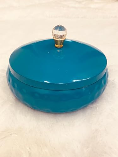 Image of Non Airtight 7 inch Hammered Metal bowl with crystal Lid - Return Gift (Dark Turquoise)
