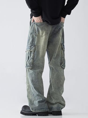 Men's Retro Denim Pants Mid-Rise Loose Wide-Leg Casual Straight Plus Size Stitching Trousers with Pockets3