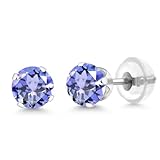 Gem Stone King 14K White Gold Tanzanite Stud Earrings, 1.00 Ctw Gemstone Birthstone 5MM Round