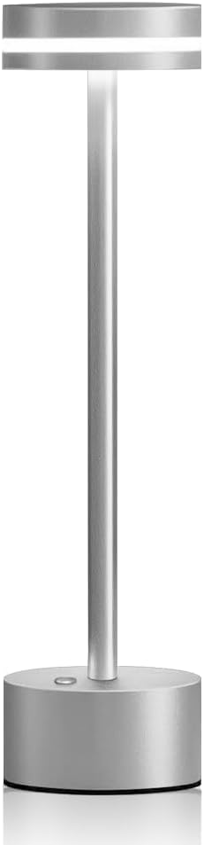 JHPGEOE Cordless Metal Desk Lamp, Touch Sensor Control LED Table Lamp,3 Color Stepless Dimmable Battery Powered Lamp,Night Light for Kids Nursery Silver