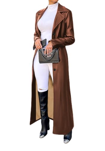 Tcremisa Womens Long Leather Jacket Long Sleeve Single Breasted Faux Leather Trench Coat Mid Length Motorcycle Coats