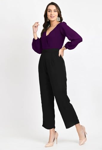 Image of V&M Women's Black V-Neck Jumpsuit | Full Sleeve Straight-Leg One-Piece with Side Pockets | Elegant Western for Office, Party & Evening Outfits