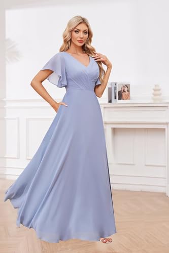 Flutter Sleeves Chiffon Bridesmaid Dresses Long with Pockets A-Line V Neck Formal Wedding Guest Dresses for Women3