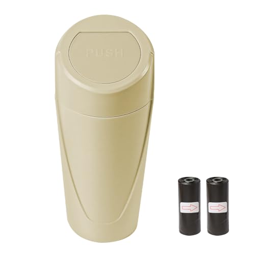 Image of Hovom Mini Car Trash Can with Lid, Portable Garbage Can for Car, Leakproof Cup Holder Automotive Garbage Bin with 2 Rolls of Trash Bags, Small Trash Storage Can for Car Home Office(Beige)