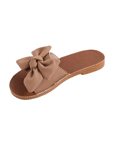 Verdusa Women'S Open Toe Flat Sandals Bow Knot Slides Leather Summer Slippers Brown Cn39 thumb #3