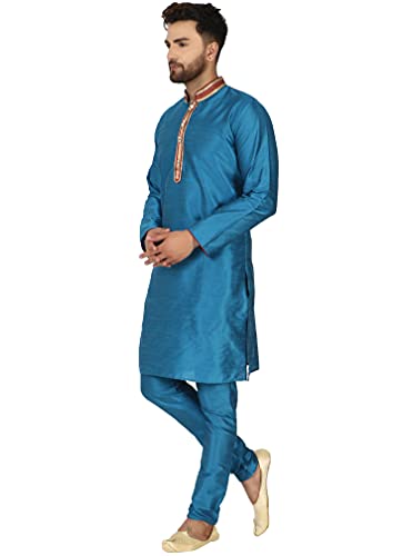 Image of SKAVIJ Men's Traditional Regular Fit Thread Work Ethnic Wear Kurta with Pajama Set Turquoise S