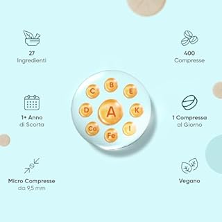 Multivitaminico Completo in 400 Compresse Vegane (+1 Anno), 27 Vitamine e Minerali Essenziali, Multivitaminico Uomo e Donna, Vitamine A, B, C, D, E, K, Ferro, Zinco, Potassio, Senza Magnesio Stearato