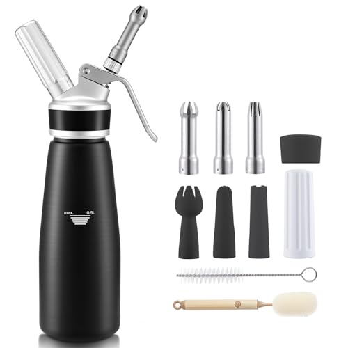Sahnespender 500 ml Professioneller Aluminium Sahnesiphon mit 3 Edelstahl Deko-Düsen 3 Kunststoffdüsen und 2 Reinigungbürste Auslaufsicherer sahnesiphon für die Zubereitung von Schlagsahne Creme