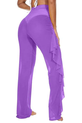 Image of Jumppmile Women's Ruffle Sheer Mesh Swimwear Bikini Cover Up Pants See Through
