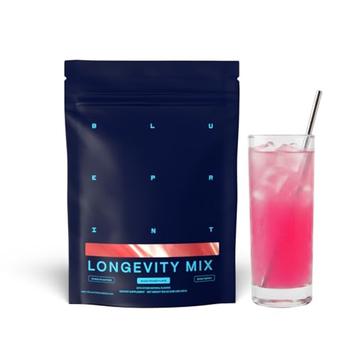 Blueprint Bryan Johnson Longevity Mix - Muscle Builder & Recovery Supplement - Promotes Focus and Balanced Mood - Magnesium, Creatine, L-Theanine, Glutathione & Vitamin C- 30 Servings, Blood Orange