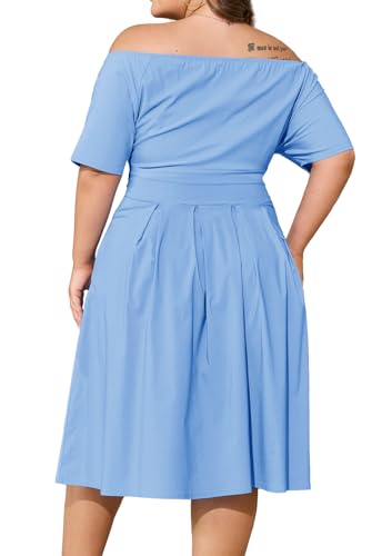 Image of Womens Plus Size Summer Dresses Off Shoulder Short Sleeve A-Line Wedding Guest Swing Waist Midi Dress with Pockets