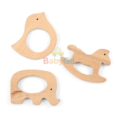 Image of BabyGo Wooden Baby Teether Combo | Natural Beech Wood Animal Shape Toy, Handmade & Eco-Friendly | Safe & Gentle Gum Soother, Biodegradable Wooden Teething Relief Toys (Pack of 3)